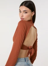 High Neck Open Back Tie Crop Top TAN