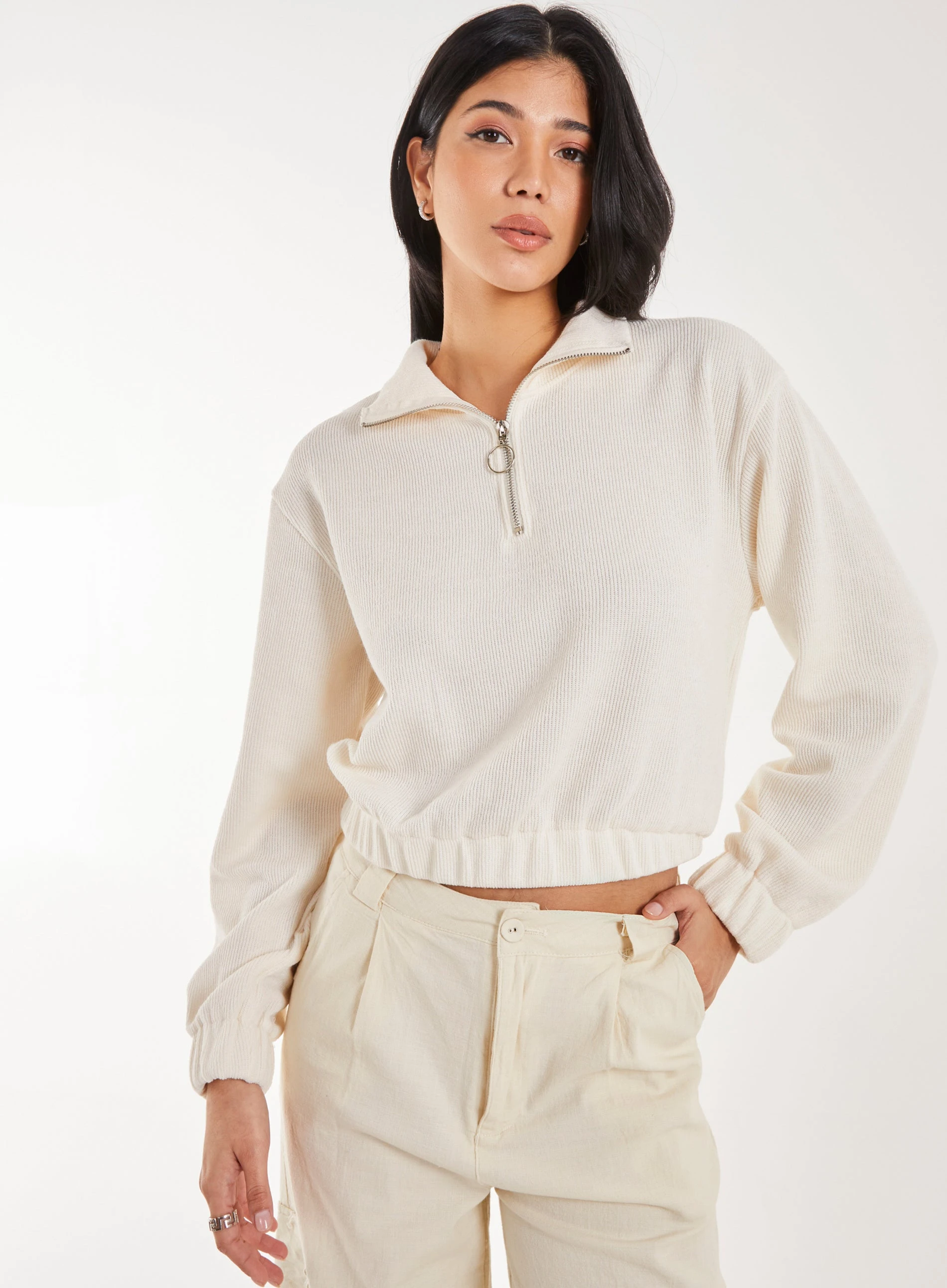 High Neck Zip Up Cropped Sweatshirt STONE