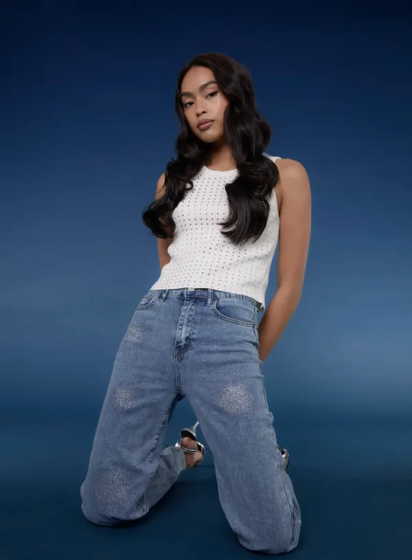 High Waist Glitter Jeans - 8 - DENIM