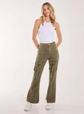 High Waist Utility Pocket Flare Jeans DARK KHAKI
