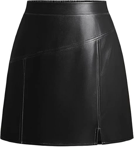High Waisted PU Leather Skirt for Women UK Elastic Waistband Side Zip A ine Mini with Slit Black S