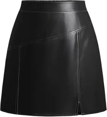 High Waisted PU Leather Skirt for Women UK Elastic Waistband Side Zip A ine Mini with Slit Black S
