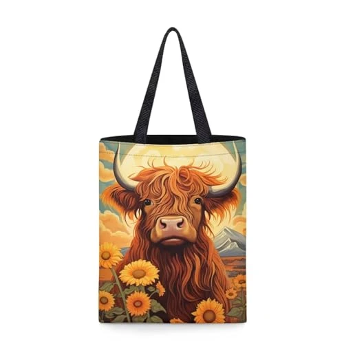 Highland Cow Sunflower Tote Bag for Women Foldable Shopping Bags Reusable Grocery Bag With Handles Travel Handbag Shoulder Beach Tote Bags Grocery Bag