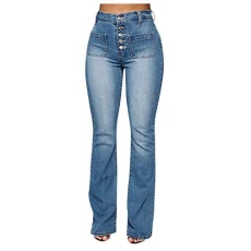 Hight Waist Jeans for Women， Flare Bell Jeans Classic Denim Button Zip Lift Buttocks Slim Stretchy Jeans with Pockets，Breathable Elasticated Waist Daily Wide Leg Stretch Leggings