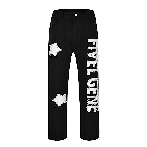 Hip Hop Men's Jeans, Men's Jeans, Men's Pants with Buttons, Casual Long Trouser Straight Leg Jeans for Men, Black/White, XL