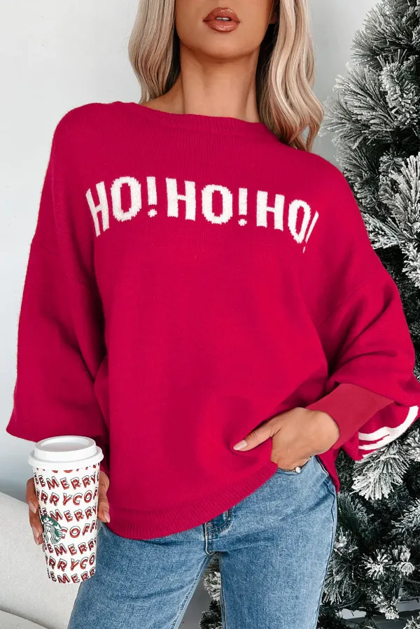HO HO HO MERRY CHRISTMAS Drop Shoulder Loose Sweater - Red / L