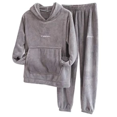 Home Wear Set Soft Warm Coral Plush Thick Pajamas Suit Solid Color For Unisex Men And Women Pink Blue Gray