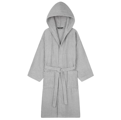 Hooded Bath Robes for Women - Absorbent Cotton Terry Towelling Bathrobe S-XL Comfy Dressing Gown with Hood Shower Bath Spa Gym (Light Grey, L)