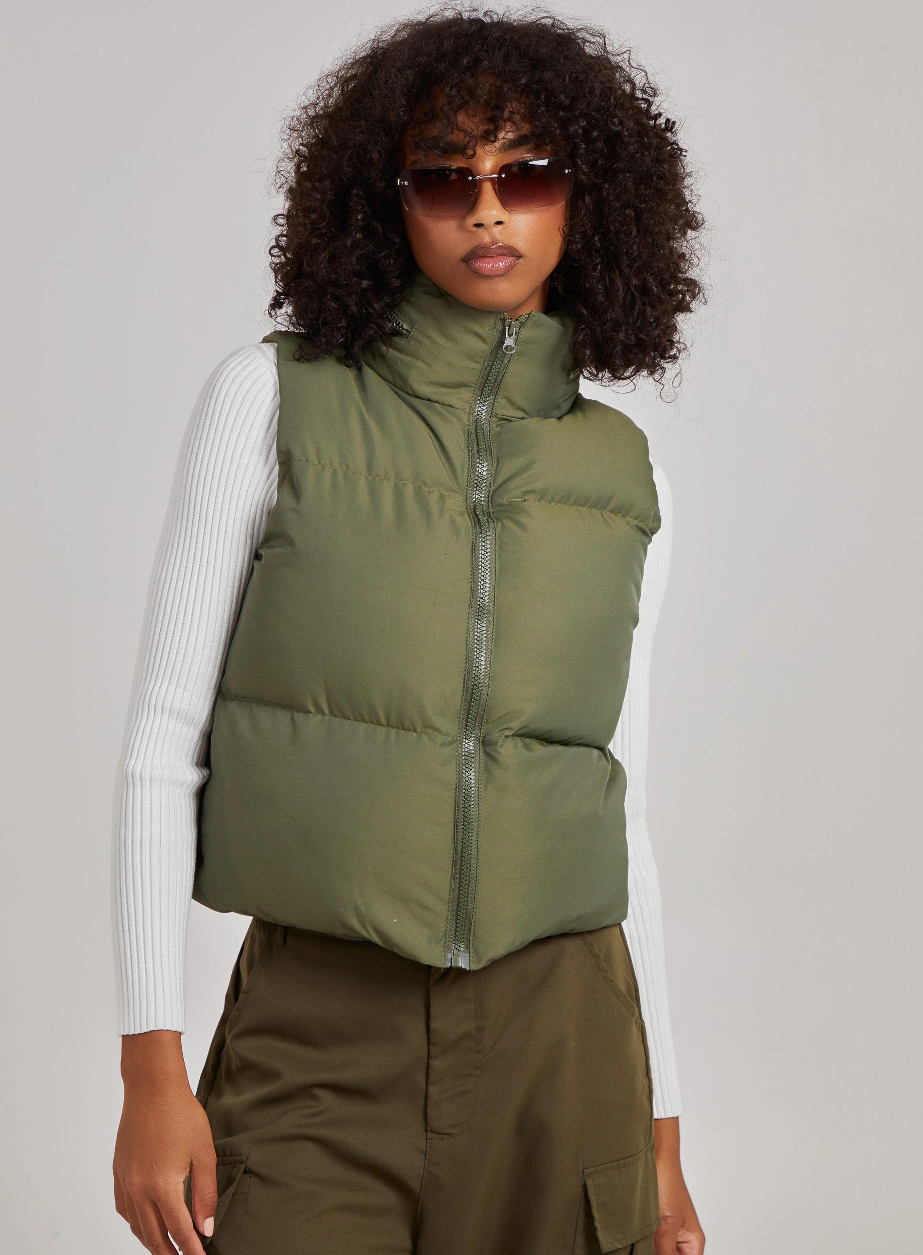 Hooded Padded Sleeveless Coat  - L  - Khaki