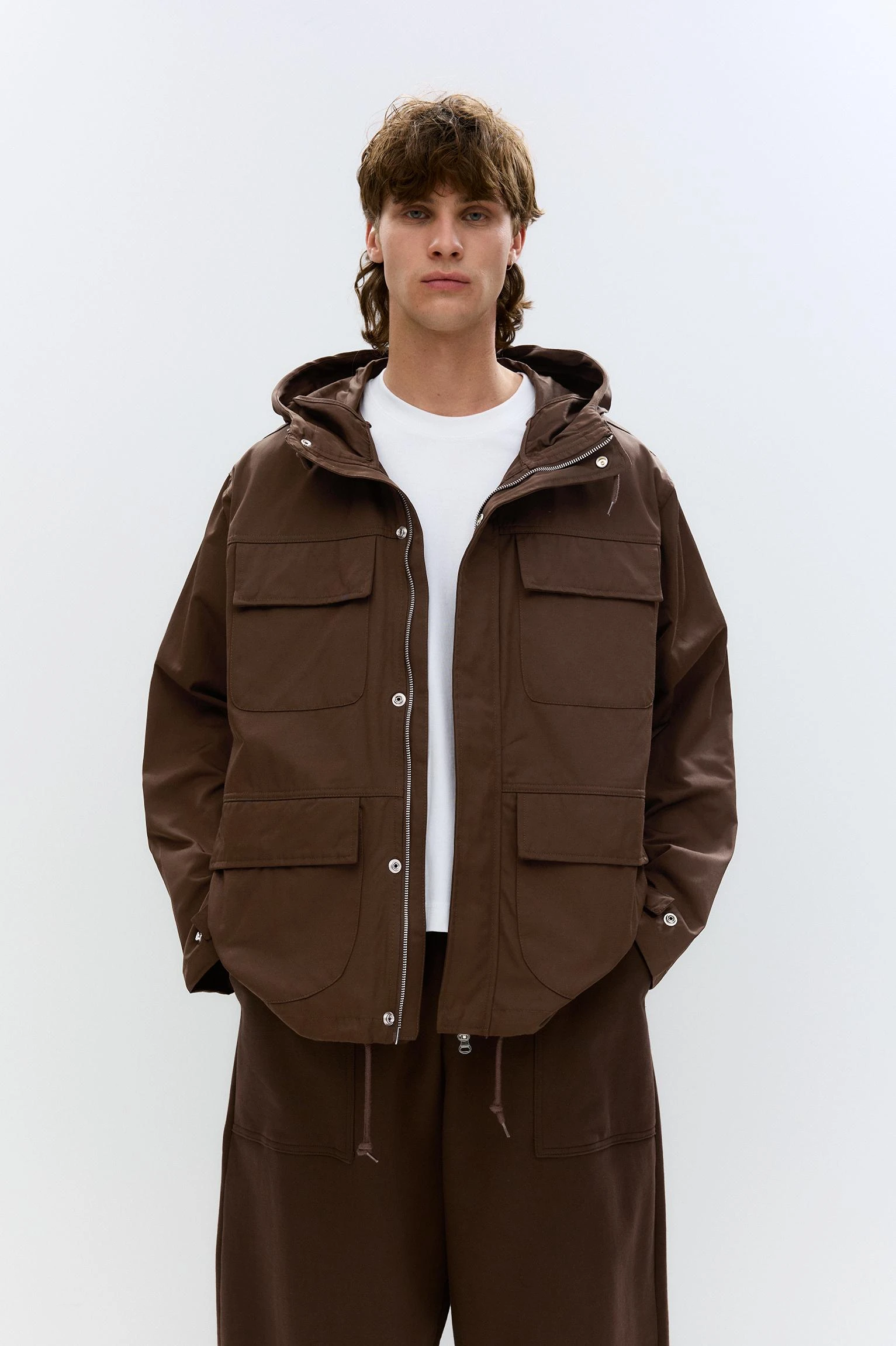 Hooded Raincoat With Pockets - Brown