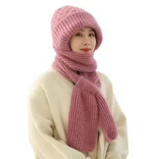 Hooded Scarf for Women Knitted Fleece Lined Beanie Hat and Ribbed Scarf Combo Ladies All in One Hat and Scarf Warm Winter Balaclava (Pink, One Size)
