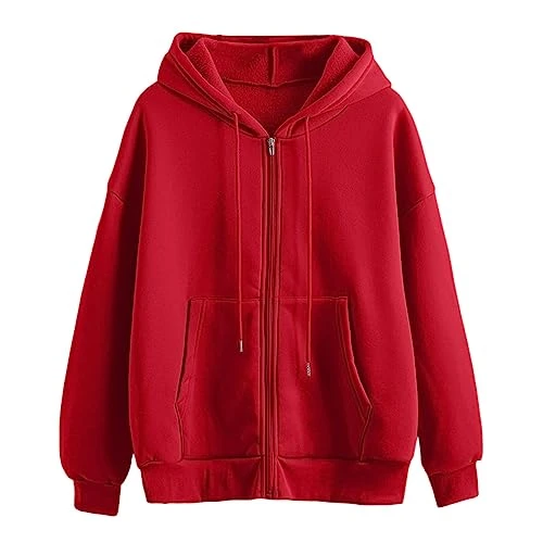 Hoodie Women's Comfortable Plain Long Sleeve Coat for Women, Versatile Zip Cardigan, Casual, Comfortable, Loose Pullover, Vintage Hoodie, red, XS