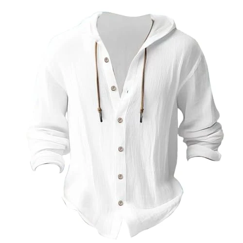 Hoodies for Men UK: Cotton Linen Shirt with Hood Plain Hooded Pullover Tops Casual Drawstring Solid 