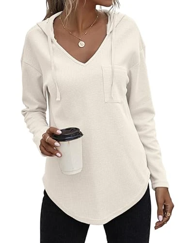 Hoodies for Women UK Soft Sweatshirts Waffle Pullover V Neck Sweaters Casual Comfy Fall Fashion Outfits Clothes Beige XL