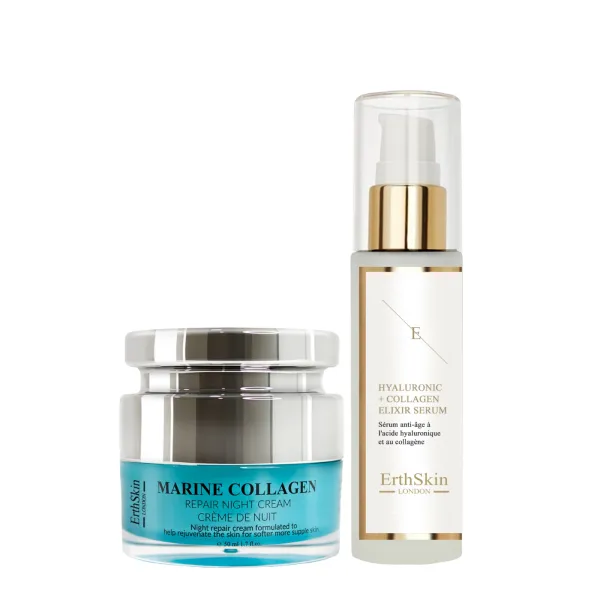 Hyaluronic acid & Collagen Serum - 60ml + Marine Collagen Night Repair Cream 50ml - Black