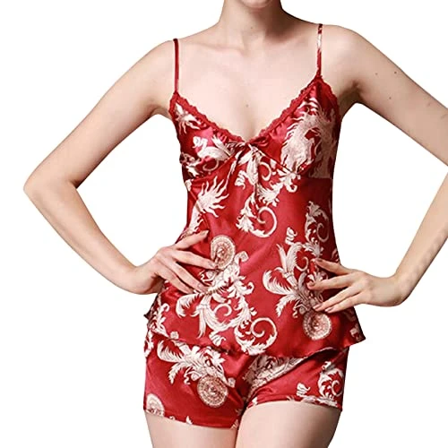 Ice Silk Silk Pajamas Women's Summer Nightdress Sexy Suspenders Shorts Two Piece Suit Home Service Sleepwear Lingerie Wine