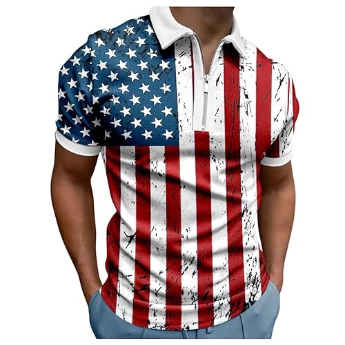 Independence Day Polo Shirt for Men Short Sleeve Quarter Zipper Tops Full Colored Stars Stripe Printed Blouse Summer Lapel Henley Shirt Blue