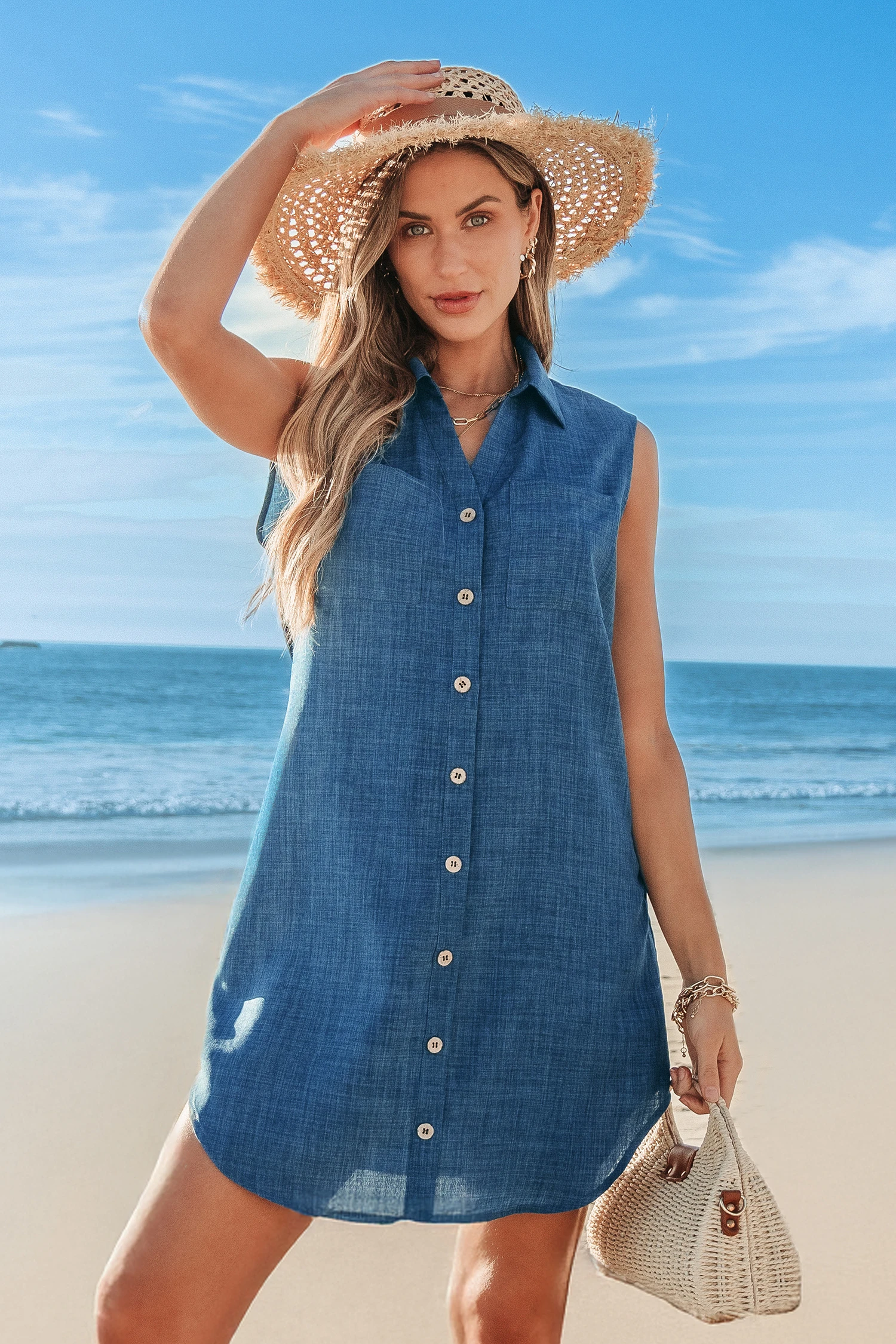 Indigo Sleeveless Collared Cover-Up Mini Dress - Blue