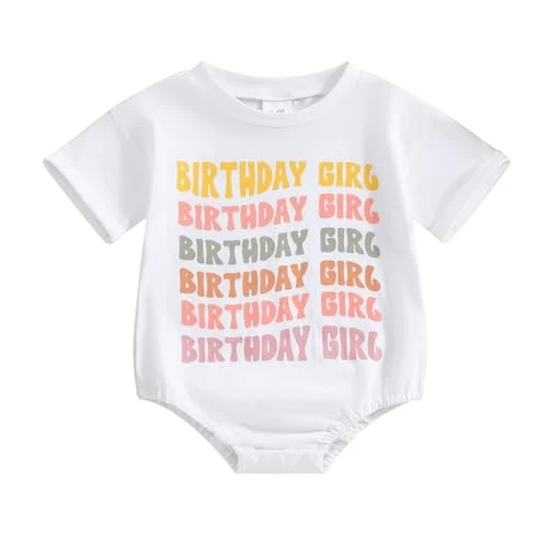 Infant Baby Boy Girl Summer Letters Printed Round Neck Short Sleeve Elastic Jumper Outfit Clothes Pullover T-shirt Romper Set (White Baby Girl, 12-18 Months)