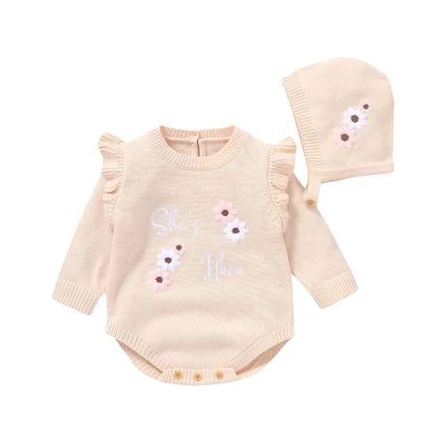 Infant Baby Girl Flying Sleeve Flower Knitted Jumpsuit Long Sleeve Sweater Outfit Clothes Pullover Romper Sweatshirt Hat Top (Pink, 0-3 Months)