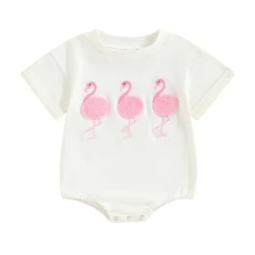 Infant Baby Girl Summer Bird Embroidery Round Neck Short Sleeve Elastic Jumper Outfit Clothes Pullover T-shirt Romper Set (White, 12-18 Months)