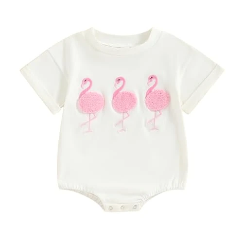 Infant Baby Girl Summer Bird Embroidery Round Neck Short Sleeve Elastic Jumper Outfit Clothes Pullover T-shirt Romper Set (White, 12-18 Months)