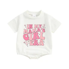 Infant Baby Girl Summer Letters Printed Round Neck Short Sleeve Elastic Jumper Outfit Clothes Pullover T-shirt Romper Set (White, 12-18 Months)