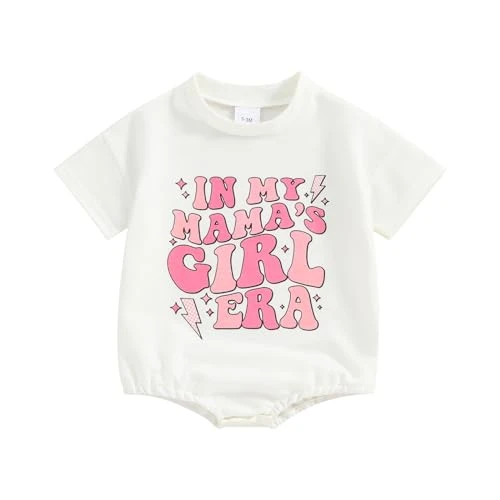 Infant Baby Girl Summer Letters Printed Round Neck Short Sleeve Elastic Jumper Outfit Clothes Pullover T-shirt Romper Set (White, 12-18 Months)