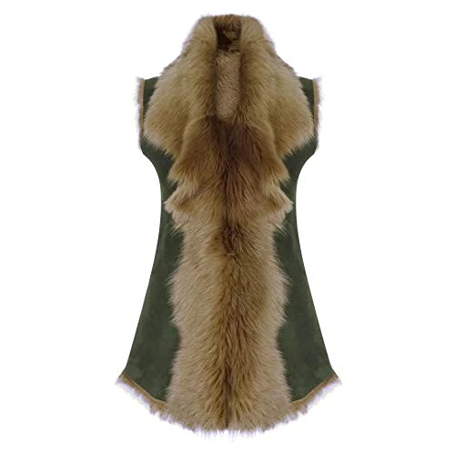 Infinity Ladies Women Real Spanish Shearling Sheepskin Toscana Olive Long Waistcoat Gilet - Olive, X