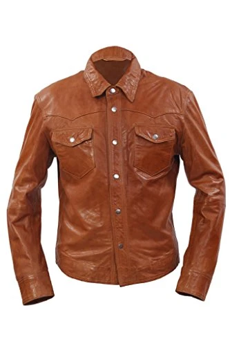 Infinity Mens Retro Trucker Denim Style Slim Fit Long Sleeve Casual Tan Leather Shirt Jeans Jacket (