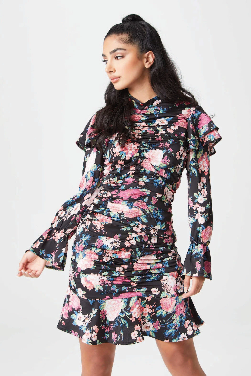 Ingrid Floral Centre Ruched Dress Black /