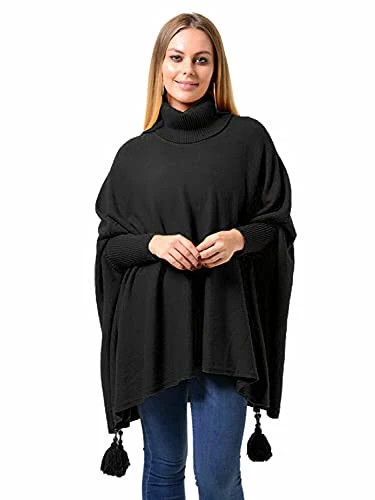 Italian Ladies Women Batwing Tassels Poncho Knitted Boxy Hi Neck Polo Cape #(Black # One Size (UK 12-32)
