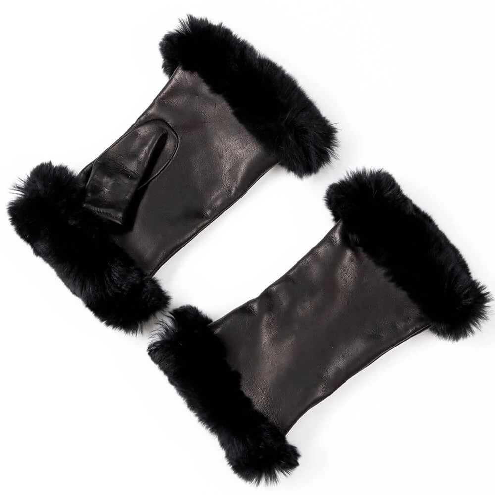 Italian Leather Mittens with Rabbit Fur Cuffs Cashmere Lined