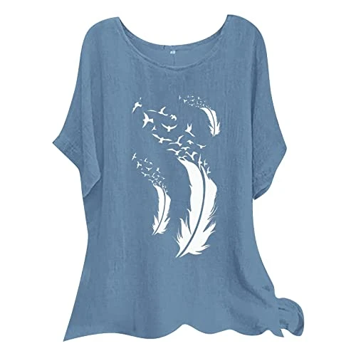 Items Save for Later Summer Womens Short Sleeve Crew Neck Flower Letter Printed T Shirt Top Casual Slim Shirts Tee Polyester Loose Fashion Blouse Womens Running Clothes (Blue-3, XXL)