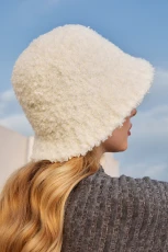 Ivory Fuzzy Knit Bucket Hat - White