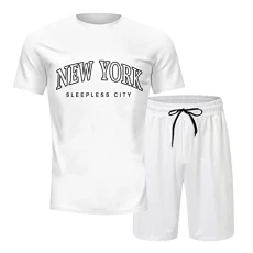 Jack Will Men's Casual Letter Printed Short Sleeve T-Shirt Drawstring Shorts Suit Two Piece Suit Men 56, White, XXXL