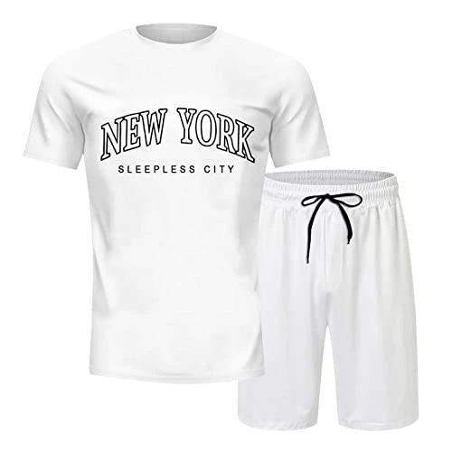 Jack Will Men's Casual Letter Printed Short Sleeve T-Shirt Drawstring Shorts Suit Two Piece Suit Men 56, White, XXXL
