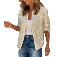 Jacket for Women Zip Up Sequin Blazer Outerwear Sparkly Long Sleeve Solid Color Coats Fashion Loose Outercoat Lightweight Cozy Trench Coat Fall Trendy Warm Overcoat(Silver,S)