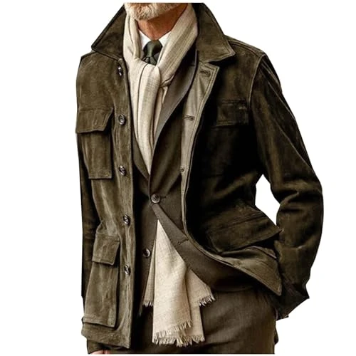 Jackets for Men UK Long Sleeve Lapel Button Down Open Fron Outwear Overcoat Vintage Soft Autumn Mens