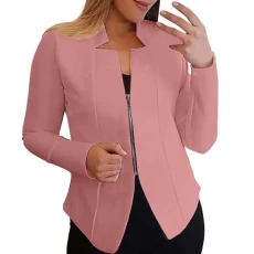Jackets For Women Oversized Long Sleeve Blazer Plus Size Formal Zipper Outerwear Elegant Business Work Zip Up Coats Solid Color Lightweight Overcoat Classic Workwear Trench Coat Autumn(Hot Pink,L)