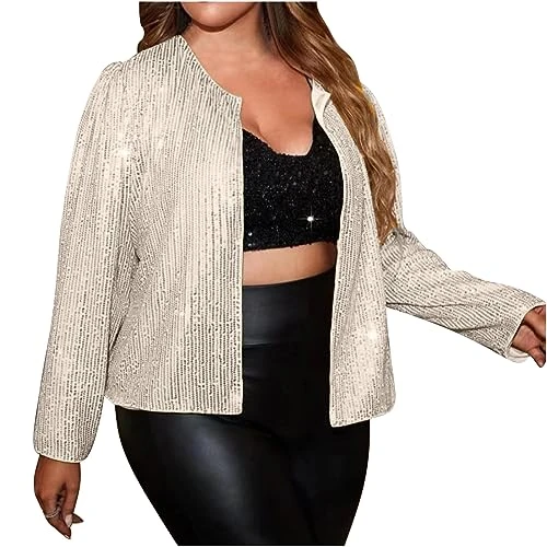 Jackets for Women UK Long Sleeve Short Sequin Open Front Sequin Jacket Trendy Solid Color Daily Casual Coat Tops Lightweight Comfortable Jacket Blouses for Dance Performance Party