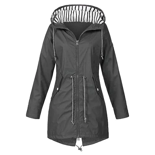 Jackets for Women UK Waterproof Windbreaker Long Sleeve Raincoats Outdoor Solid Color Hooded Jacket 