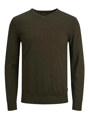 JACK&JONES Men's JJEEMIL KNIT V-NECK NOOS Pullover Sweater, Olive Night/Detail:Melange, L