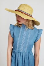 January Large Brim Straw Hat With Pom Trim