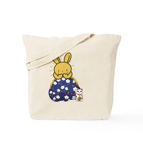 Japanese Style Rabbit With Purse Natural Canvas Tote Bag, Reusable Shopping Bag