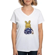 Japanese Style Rabbit with Purse T Shirt Womens Cotton V-Neck T-shirt White Japanese Style Rabbit with Purse T Shirt Womens Cotton V-Neck T-shirt White