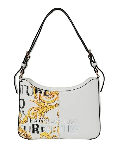 JEANS COUTURE Women's White Shoulder Bag with Baroque print on the front. Logo front. Adjustable shoulder strap, Bor closure, White, One size