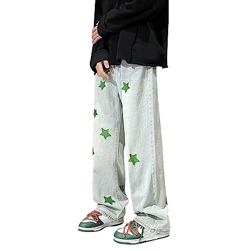 Jeans for Men Aesthetic Baggy Hip Hop Star Pants Loose Fashion Streetwear Denim Pants Straight Leg Jeans with Buttons for Men, BU1, M