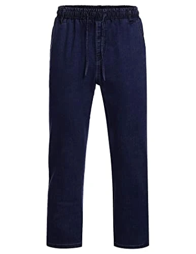 Jeans for Men Cotton Jeans Basic Plain Straight Leg Jeans Stretch Jeans Baggy Jeans Pull-On Trousers with Adjustable Drawsting Casual Work Wear Dark Blue XL