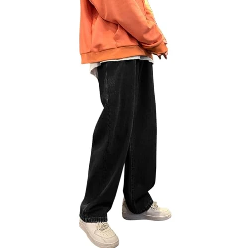 Jeans for Men Denim Pants Elastic Waist Pants Wide Leg Street Loose Fit Straight Leg Jeans, Black/White, M